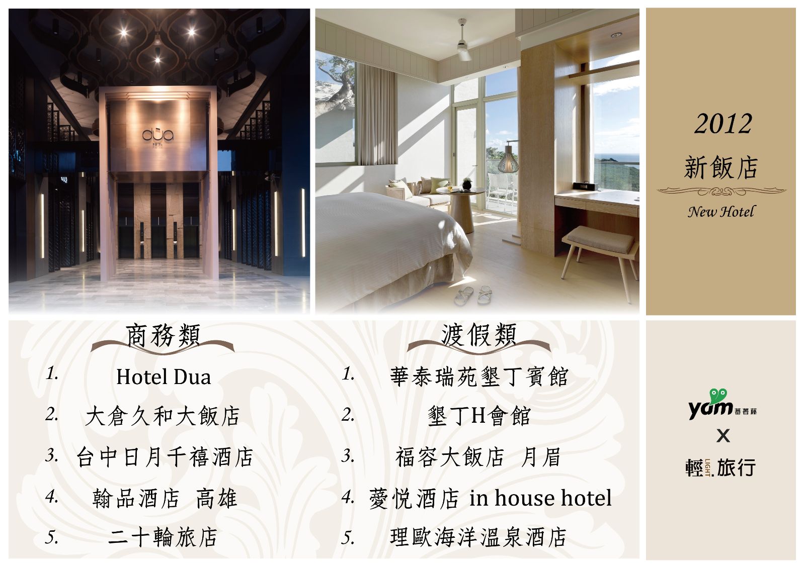 渡假飯店,本土品牌,頂級渡假,商務飯店,華泰瑞苑,Hotel Dua,H會館,月眉福容,inhouse,里歐海洋溫泉酒店,大倉久和,日月千禧,翰品,二十輪