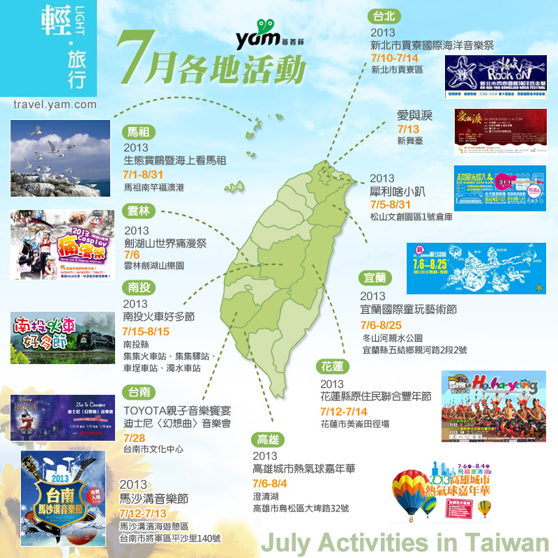 貢寮國際海洋音樂祭,犀利啥小趴,宜蘭國際童玩藝術節,花蓮縣原住民聯合豐年節,劍湖山世界痛漫祭,南投火車好多節,高雄城市熱氣球嘉年華,7月,活動地圖,全台活動,熱氣球,SU