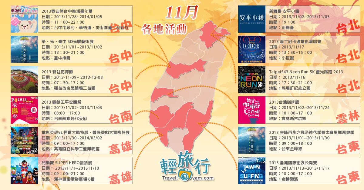 台中州廳,迪士尼電影,新社花海,泰迪熊展,光雕藝術,台灣咖啡節,衝浪公開賽,新舞臺,安平小鎮,Taipei543 Neon Run 5K 螢光路跑 2013,築‧光‧臺中 3D光雕藝術展,2013 新社花海節,2013金峰百步之鄉洛神花季暨太麻里鄉溫泉季,2013 臺灣國際衝浪公開賽,2013彰化跑水節,2013台灣咖啡節,2013鯤鯓王平安鹽祭,兒樂寶 SUPER HERO蛋頭展,迪士尼卡通電影演唱會,泰迪熊台中樂活嘉年