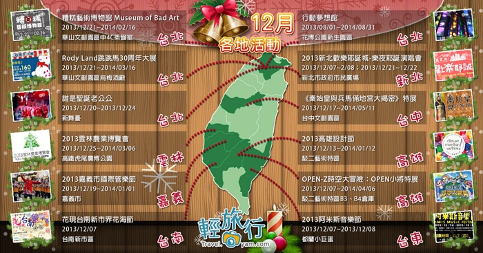 華山文創園區,花博公園,嘉義市管樂節,新北市歡樂耶誕城,Rody Land,OPEN-Z時空大冒險,雲林農業博覽會,活動,展覽,高雄設計節,台南,花海,耶誕演唱會,夢想館,聖誕節,跳跳馬,糟糕藝術博物館,公園,文創園區,遊樂