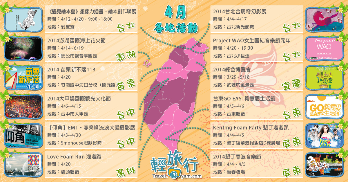 繪本島,金馬奇幻影展,PROJECT WAO音樂節,大甲媽祖遶境,綠色博覽會,展覽,四月,活動,澎湖花火節,墾丁春浪音樂節