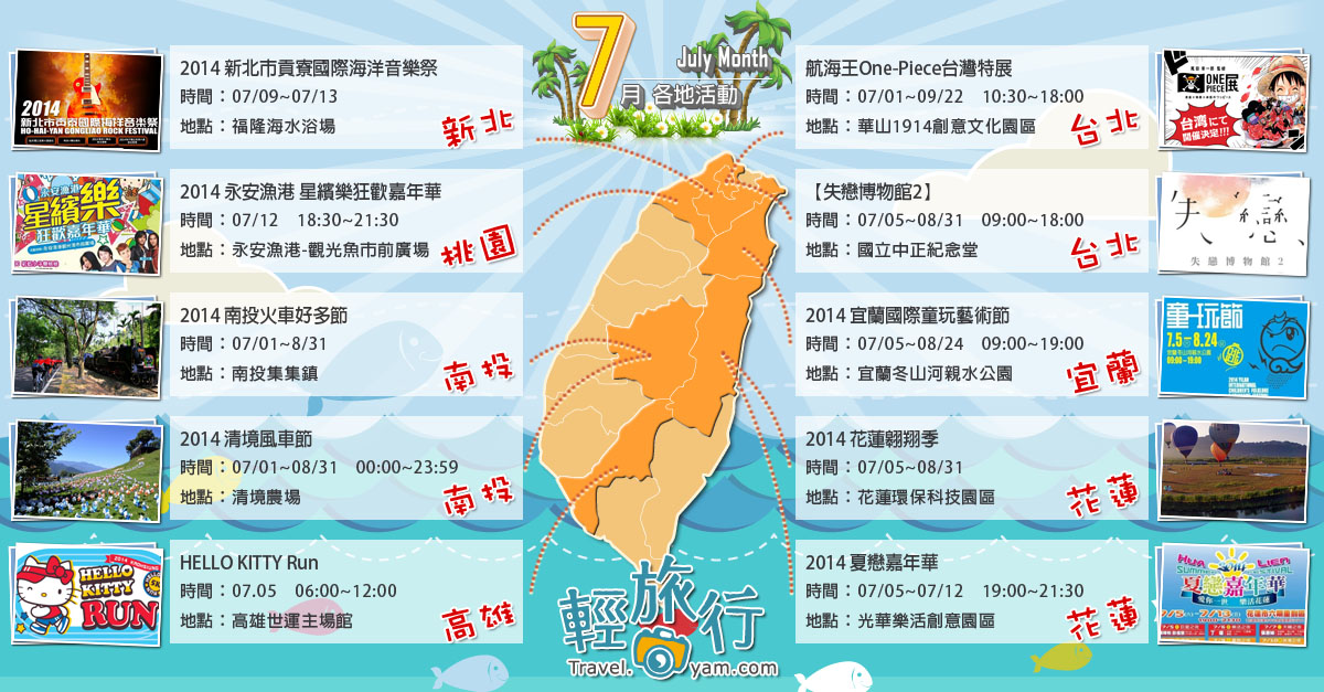 航海王One-Piece特展,華山1914創意文化園區,失戀博物館,永安漁港嘉年華,宜蘭國際童玩藝術節,貢寮國際海洋音樂祭,清境風車節,各地活動,7月,路跑,輕航機,熱氣