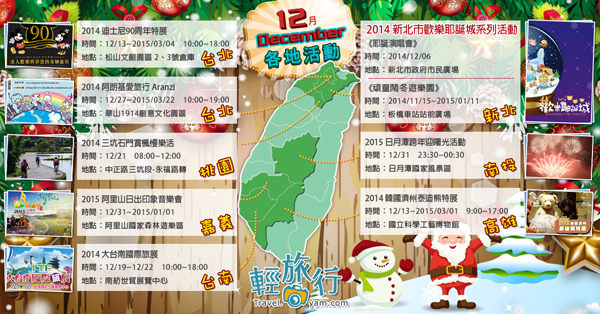 松山文創園區,華山1914創意文化園區,新北耶誕城,日月潭,石門水庫,阿里山,台中世貿中心,12月,活動
