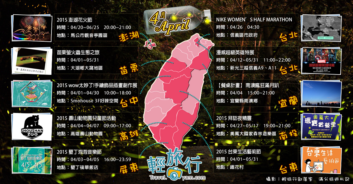 NIKE女子半馬,漫威超級英雄特展,南澳瘋狂滿月趴,苗栗螢火蟲生態,wow太妙手繪展,奧萬大賞螢,壽山動物園兒童節,全台各地活動,4月