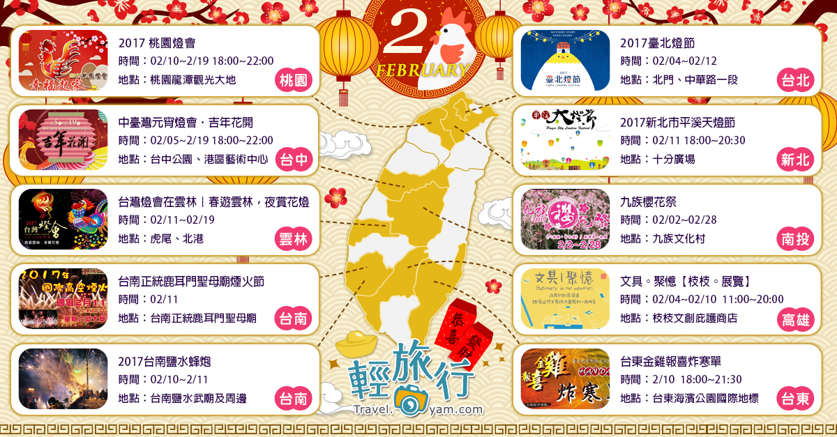 台北燈節,平溪天燈節,桃園燈會,中台灣元宵燈會,九族櫻花祭,台南正統鹿耳門聖母廟煙火秀,鹽水蜂炮,全台,過年,春節,連假,活動,元宵節,燈會,燈節,情人節,美術館