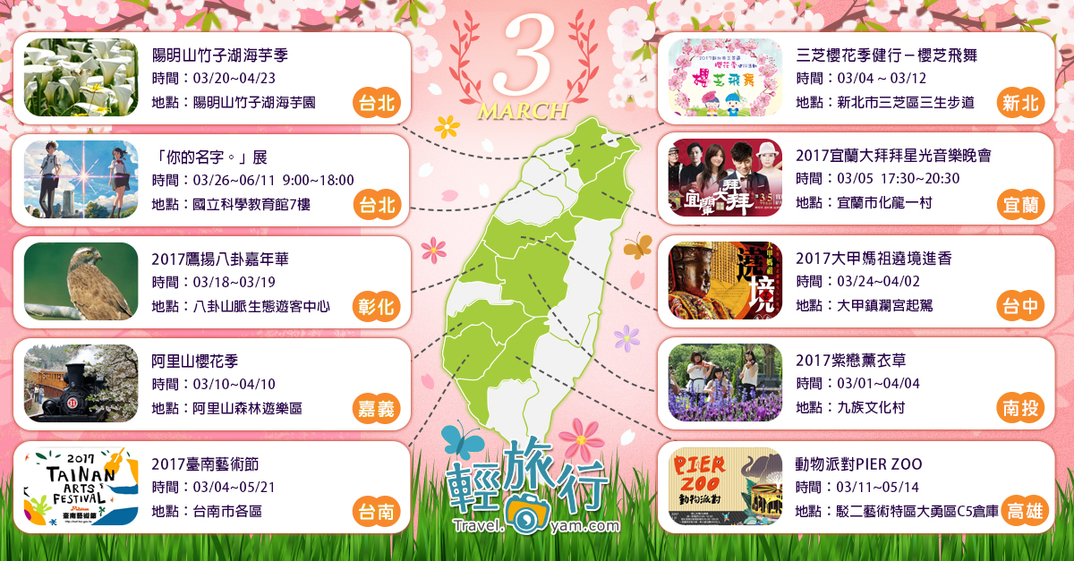 三芝櫻花季,三生步道,陽明山竹子湖,八卦山脈,彰化賞鷹,阿里山櫻花季,灰面鵟鷹,全台灣,活動,推薦,活動地圖,小百岳