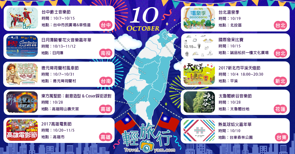 台北溫泉季,國際發呆比賽,平溪天燈節,台中爵士音樂節,南投世界茶業博覽會,日月潭花火音樂嘉年華,德元埤荷蘭村風車節,活動地圖,活動,推薦,行程,懶人,安排,峽谷音樂節,國慶,煙火,爵士音樂節,泡湯,發呆,天燈節,桃園花彩節,茶葉博覽會,平溪,日月潭,花火嘉年華,德元埤,荷蘭村,風車節,萬聖節,踩街,派對,高雄電影節,熱氣球,光雕,馬拉松,越野,獨木舟,森林,國家公