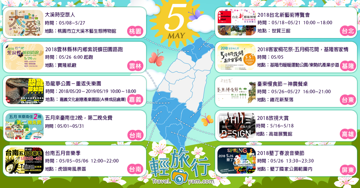 墾丁春浪音樂節,臺東慢食節,台北新藝術博覽會,恐龍夢公園,台南五月音樂季,客家桐花祭,大溪時空旅人,活動,春浪,神農餐桌,泰國文化節,放視大賞,基隆,紫斑蝶田園路跑,觀光工廠,博物館,休閒農