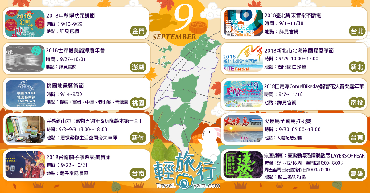 中秋連假,日月潭Come!Bikeday,世界最美麗海灣年會,火燒島全國馬拉松賽,桃園地景藝術節,新北市北海岸國際風箏節,關子嶺溫泉美食節,台北,桃園,台中,南投,高雄,金門,新北,台南,澎湖,日月潭,2018世界最美麗海灣年會,2018日月潭ComeBikeday騎響花火音樂嘉年華,2018新北市北海岸國際風箏節,2018台南關子嶺溫泉美食節,鬼画連篇：臺灣動漫恐懼體驗展 LAYERS OF FEAR,手感新市力【藏物五週年＆玩陶敲木第三回】,2018中秋博狀元餅節,2018臺北周末音樂不斷電,越野,海洋