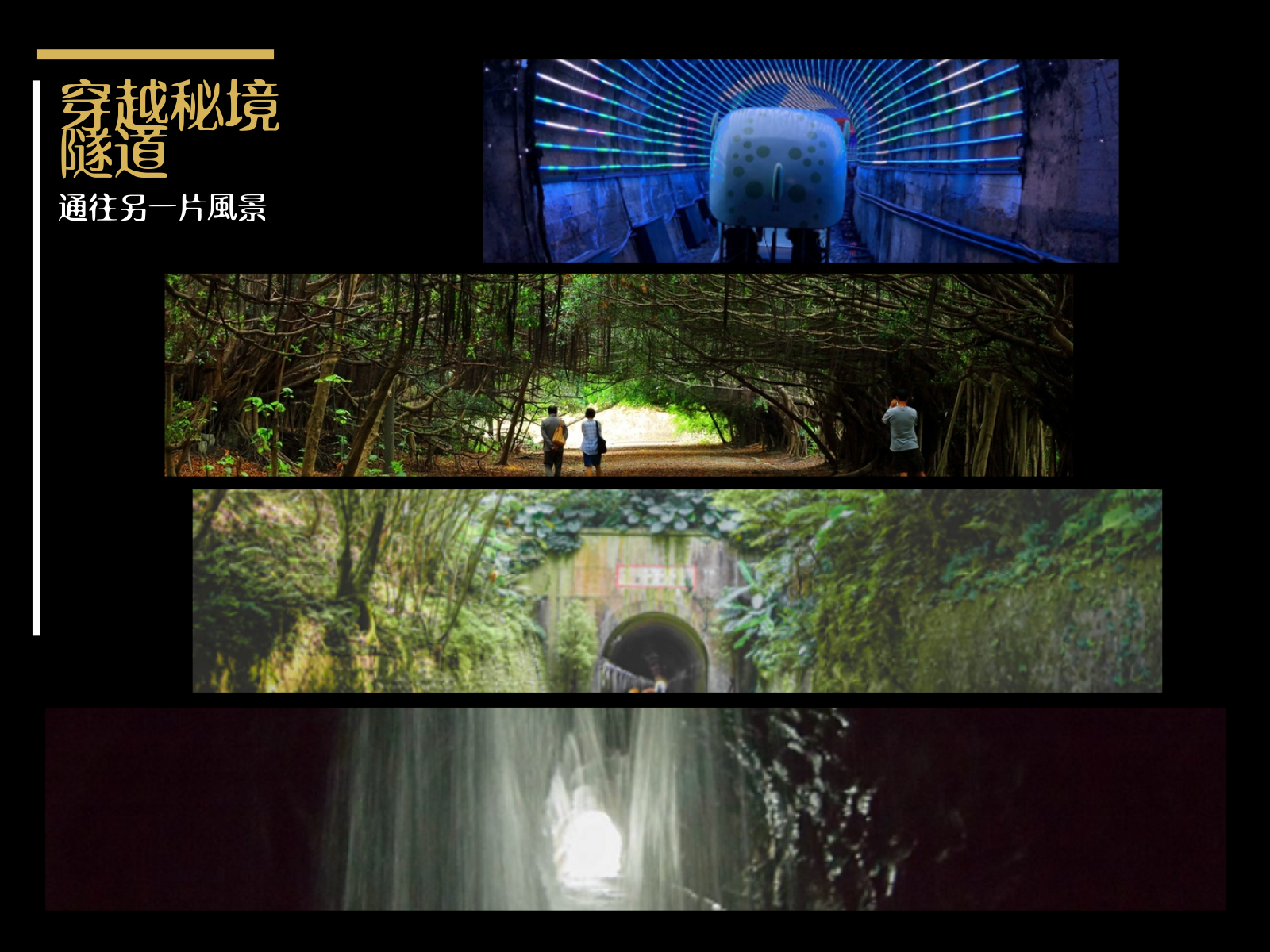 隧道,自行車道,舊鐵道,綠色隧道,紅磚隧道,隧道景點,秘境,舊草嶺隧道,三也磅空,舊百吉隧道,新豐紅樹林生態保護區,功維敘隧道,崎頂子母隧道,崎頂車站,苦楝隧道,長勝營區綠色隧道,四草綠色隧道,泗林健行步道,白楊步道,太魯閣,水濂洞,龍貓隧道,新豐紅樹