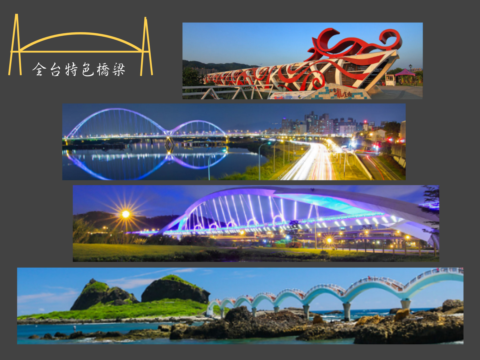 彩虹橋,陽光橋,辰光橋,新月橋,西瀛虹橋,三仙台,鵬灣跨海大橋,景觀橋,橋梁,台北,新北,新店區,三重區,新莊區,板橋區,三鶯龍窯橋,鶯歌區,台中,大坑情人橋,北屯區,打卡,約會,海天橋,高美濕地景觀橋,高美濕地,愛河之心,高雄,台東,澎湖,桃園,羅浮橋,興隆大橋,新竹,雲林,西螺大橋,西螺,屏東,大鵬灣,猴硐貓橋,猴硐,慶和橋津梅棧道,宜蘭