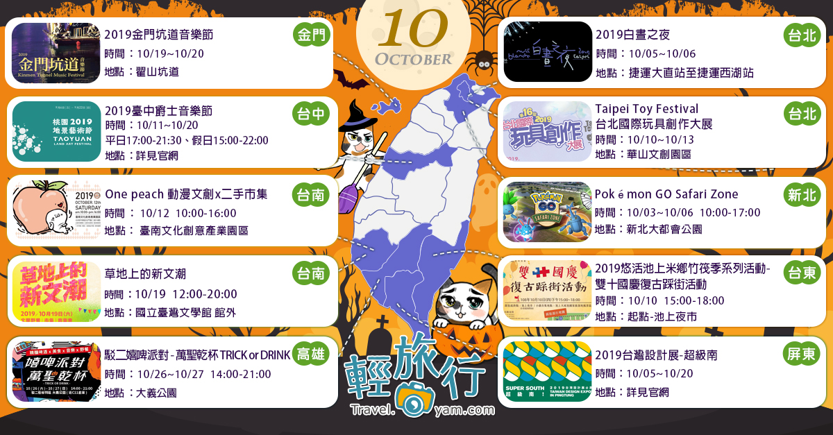 萬聖節,白晝之夜,Pokémon GO Safari Zone,金門坑道音樂節,駁二嬉啤派對,台灣設計展,臺中爵士音樂節,台北,新北,屏東,台中,台南,高雄,台東,金門,翟山坑道,臺南文化創意產業園區,池上夜市,新北大都會公園,大義公園,華山文創園區,國立臺灣文學館,草地上的新文潮,Taipei Toy Festival 台北國際玩具創作大展,駁二嬉啤派對  萬聖乾杯 TRICK or DRINK,2019臺中爵士音樂節,2019台灣設計展超級南,2019悠活池上米鄉竹筏季系列活動雙十國慶復古踩街活動,One peach 動漫文創x二手市集,2019金門坑道音樂節,2019白晝之夜,捷運,博物