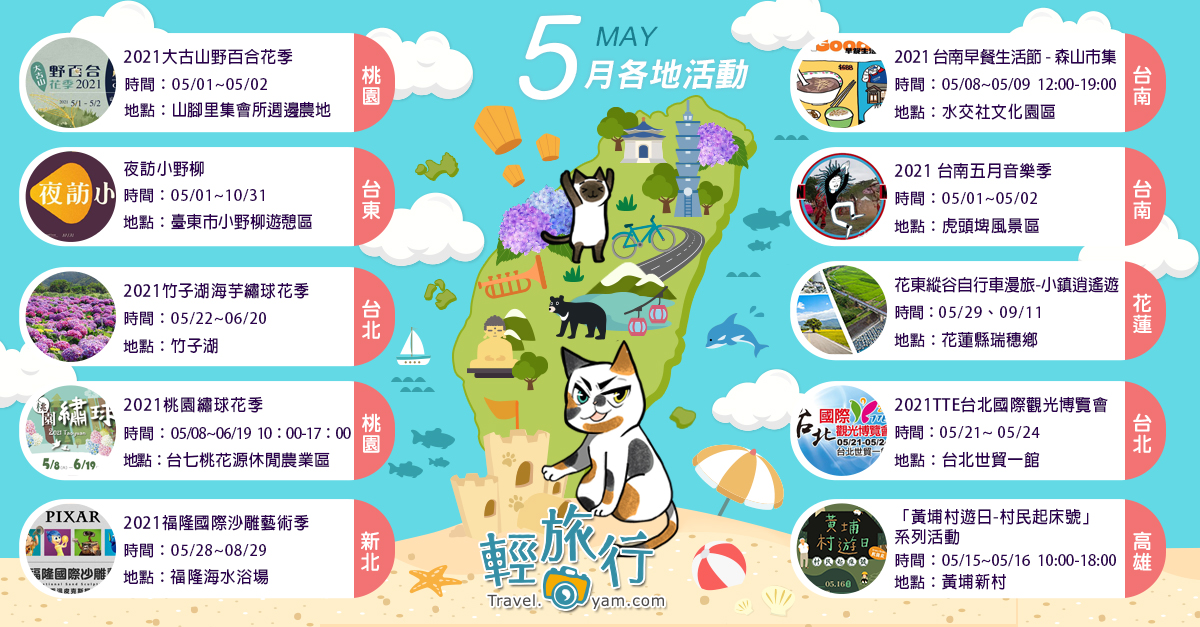 花東縱谷,瑞穗,繡球花季,福隆國際沙雕藝術季,台南五月音樂季,桃園繡球花季,早餐生活節,新北,台北,桃園,台南,花蓮,台東,高雄,小野柳,竹子湖,台七桃花源休閒農業區,福隆海水浴場,水交社文化園區,虎頭埤風景區,黃埔新村,花東縱谷自行車漫旅,台北國際觀光博覽會,黃埔村遊日,台南早餐生活節,竹子湖海芋繡球花季,夜訪小野柳,大古山野百合花季,花海