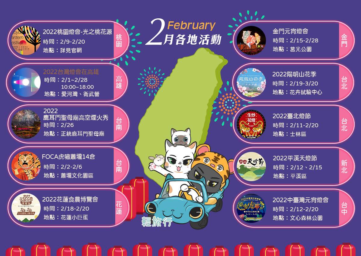 台灣燈會,桃園燈會,高空煙火,平溪天燈節,陽明山花季,台北燈節,中臺灣元宵燈會,台北,新北,桃園,台中,花蓮,台南,離島,高雄,金門,懶人包,燈會,元宵節,連假