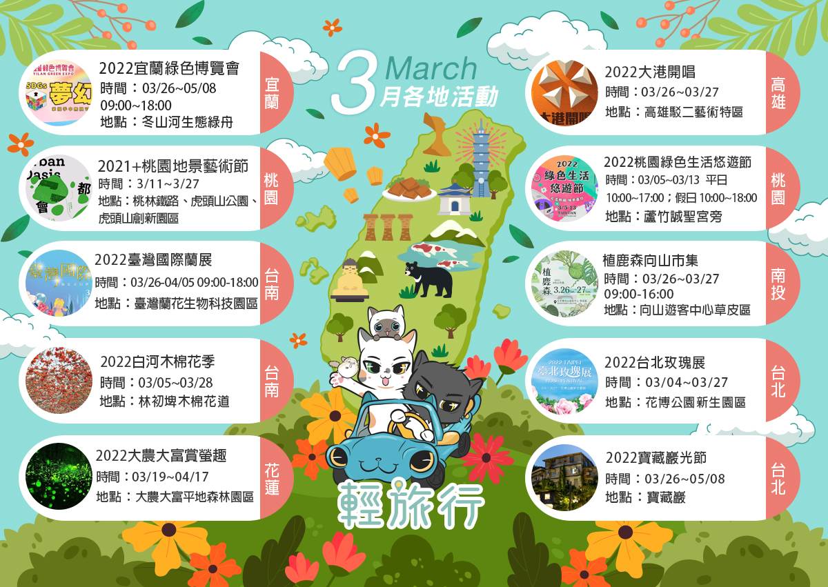 桃園地景藝術節,宜蘭綠色博覽會,台北玫瑰展,寶藏巖光節,大農大富平地森林園區,大港開唱,臺灣國際蘭展,全台活動,懶人包,賞花