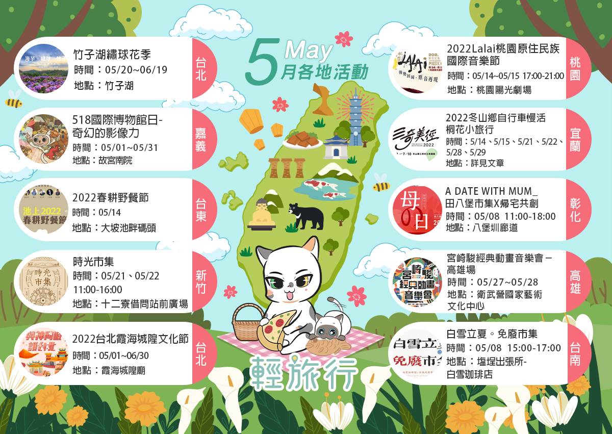 竹子湖繡球花季,桃園原住民族國際音樂節,台北霞海城隍文化節,冬山鄉自行車慢活桐花小旅行,宮崎駿經典動畫音樂會,518國際博物館日,春耕野餐節,賞花,市集,懶人包,音樂