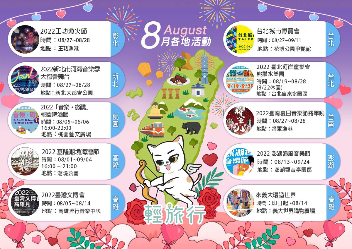 王功漁火節,熊讚水樂園,台北城市博覽會,桃園啤酒節,將軍吼音樂節,基隆潮境海灣節,澎湖追風音樂節,台北,新北,基隆,桃園,高雄,屏東,台南,離島,澎湖,彰化,高雄流行音樂中心,澎湖觀音亭,碧砂漁港,新北大都會公園,將軍漁港,王功漁港,自來水園區,花博公園,桃園藝文廣場,義大世界,來義大環遊世界,臺北河岸童樂會,將軍吼,河海音樂季,臺灣文博會,煙火,演唱會,音樂
