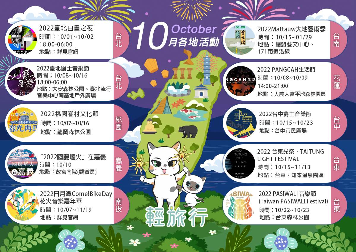 白晝之夜,台灣國慶煙火,桃園眷村文化節,日月潭花火音樂嘉年華,臺北爵士音樂節,Mattauw大地藝術季,台東光祭,台北,桃園,台中,嘉義,南投,台南,花蓮,台東,2022PASIWALI音樂節,2022台東光祭,2022台中爵士音樂節,2022PANGCAH生活節,2022Mattauw大地藝術季,2022日月潭ComeBikeDay花火音樂嘉年華,2022國慶煙火在嘉義,2022桃園眷村文化節,2022臺北爵士音樂節,2022臺北白晝之