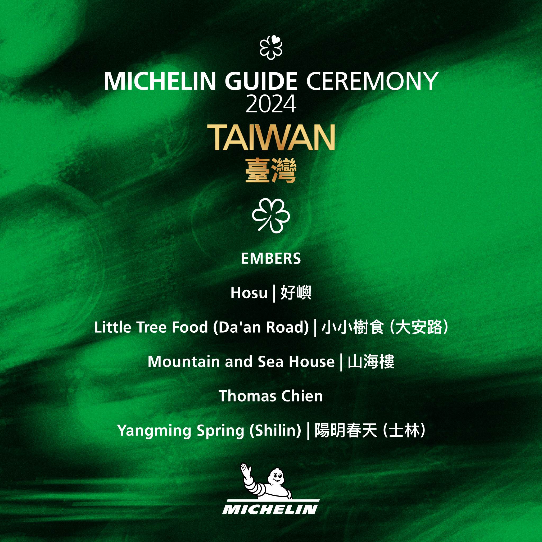 米其林綠星,永續餐廳,創意料理,陽明春天,植物套餐,台灣食材,無菜單料理,小小樹食,山海樓,Thomas Chien Restaurant,EMBERS,好嶼Hosu,米其林指