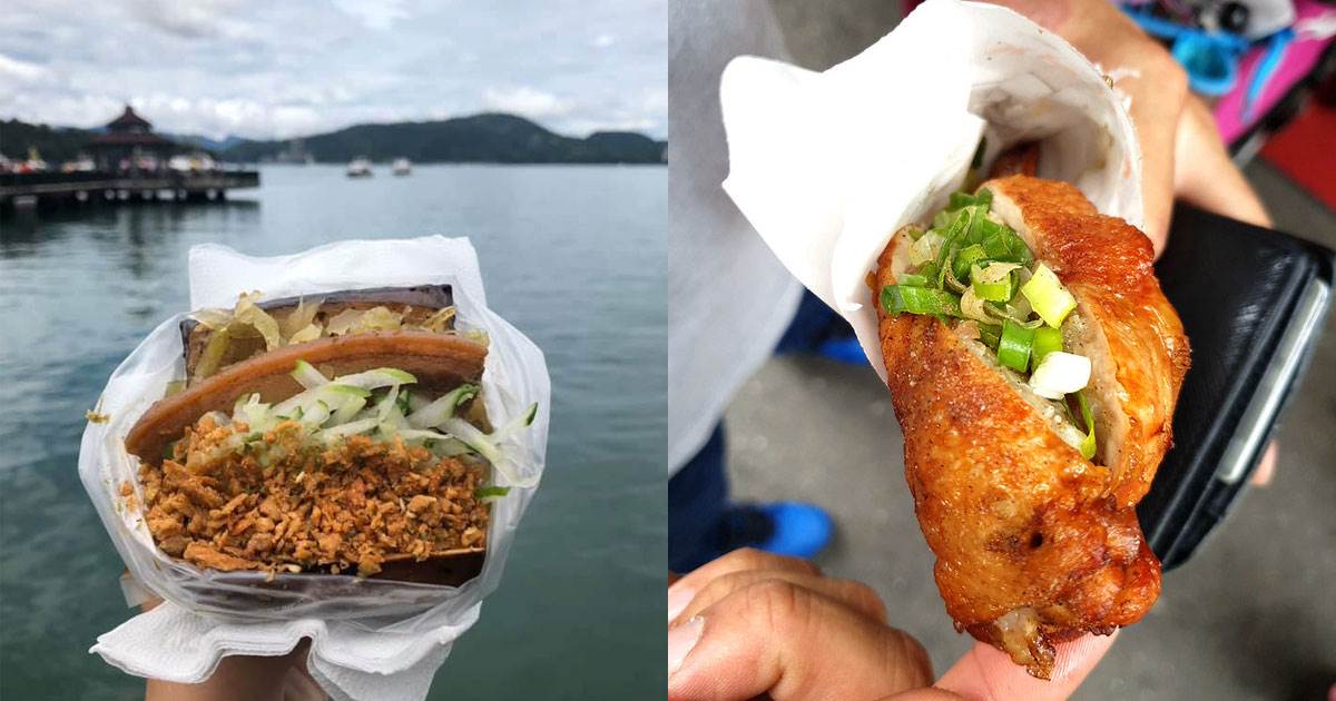 日月潭美食,阿嬤香菇茶葉蛋,年記做不覆賣香菇高麗菜包,東東刈包,黑輪小吃,劉山哥現炒山豬肉,總統魚酥捲,杜啦白鰻棍,飯飯雞翅,翻茶手調飲料,拉長蝦