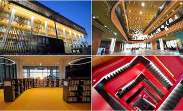 台南永康｜台南市立圖書館總館：金色格柵外觀、天井藝術與大紅樓梯，顛覆印象必朝聖！